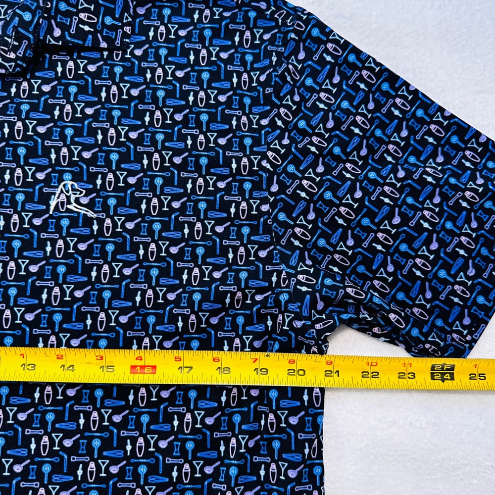 Rhoback Mens Performance Polo Shirt M Black Neon Bar Cocktail Print Golf Top - Picture 6 of 7